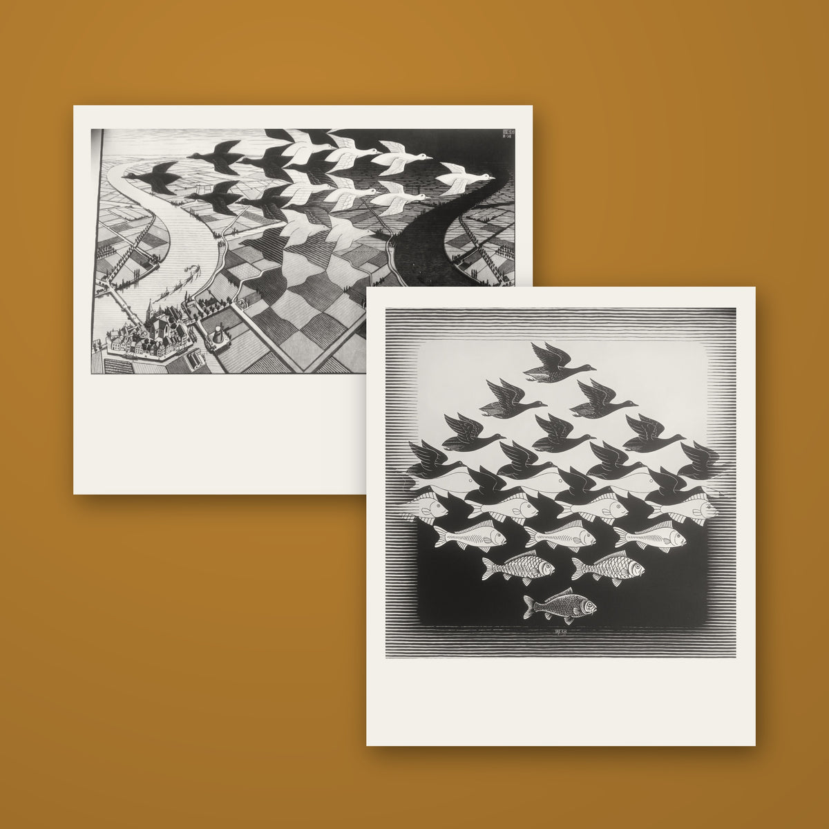 M.C. Escher – Dag en Nacht & Lucht en Water, sæt af 2 tryk (Breughel, 1970)